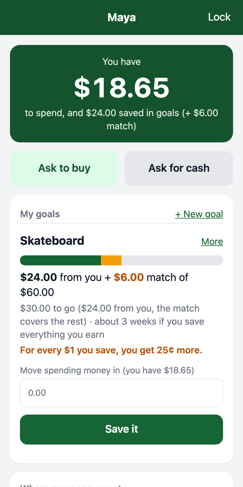 A kid's account: $18.65 to spend, $24 saved toward a skateboard plus a $6 parent match, about 3 weeks to go.
