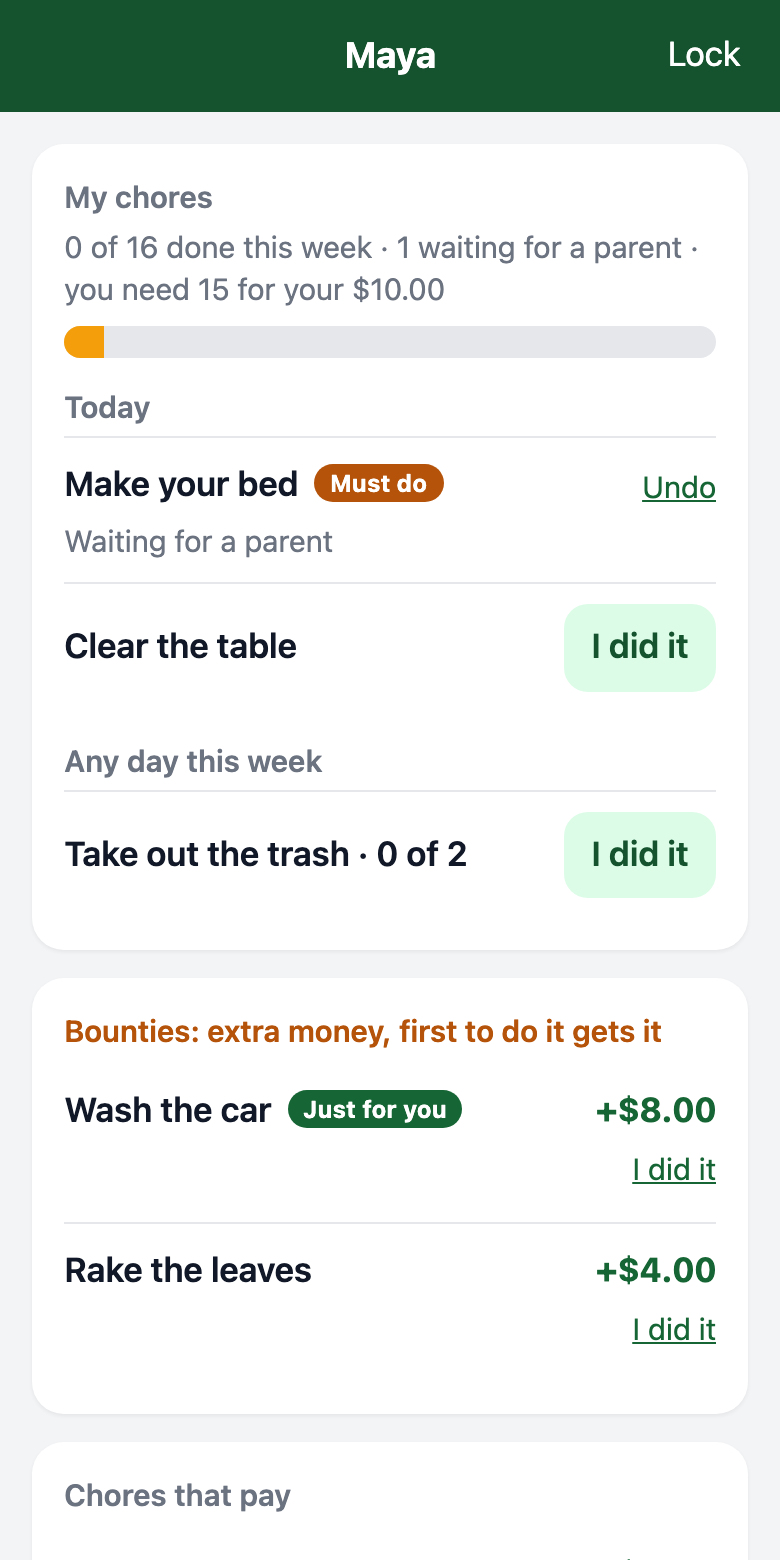 A kid's screen: today's chores with an I did it button on each, how many are needed for the $10 allowance, and two bounties worth extra money.
